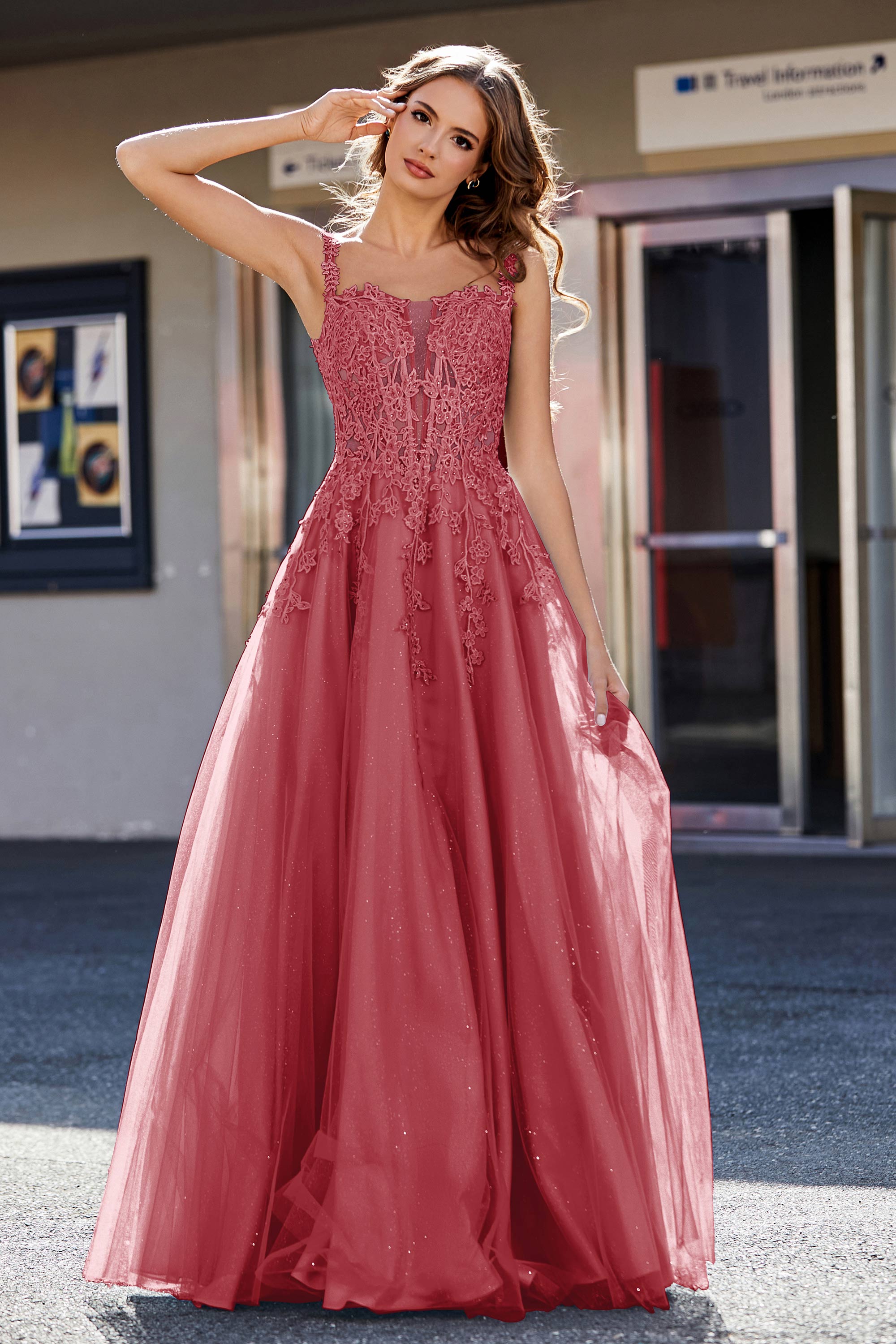 Lace Applique Corset Top Tulle Prom Party Gown Formal Evening Dresses