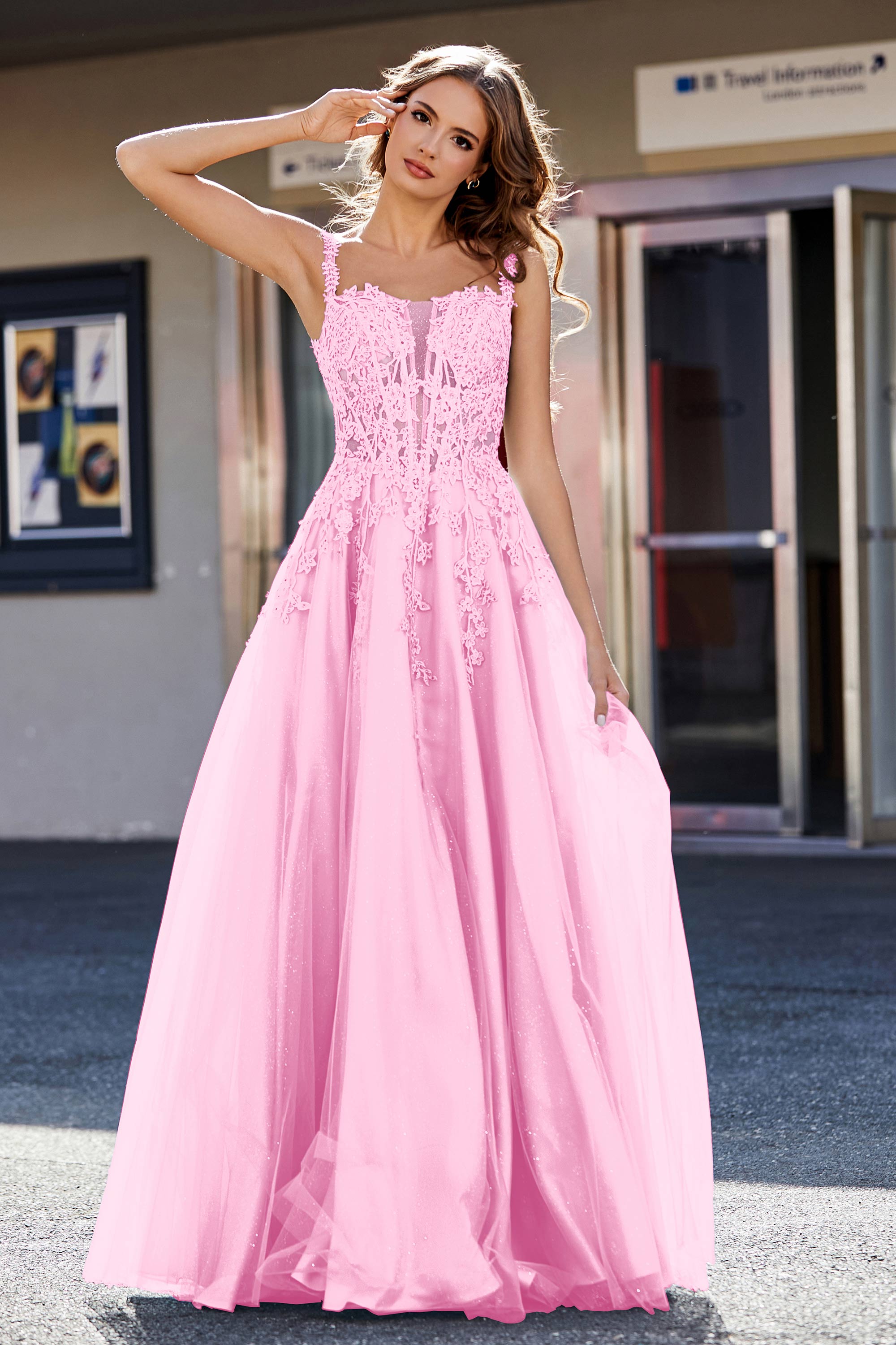 Lace Applique Corset Top Tulle Prom Party Gown Formal Evening Dresses