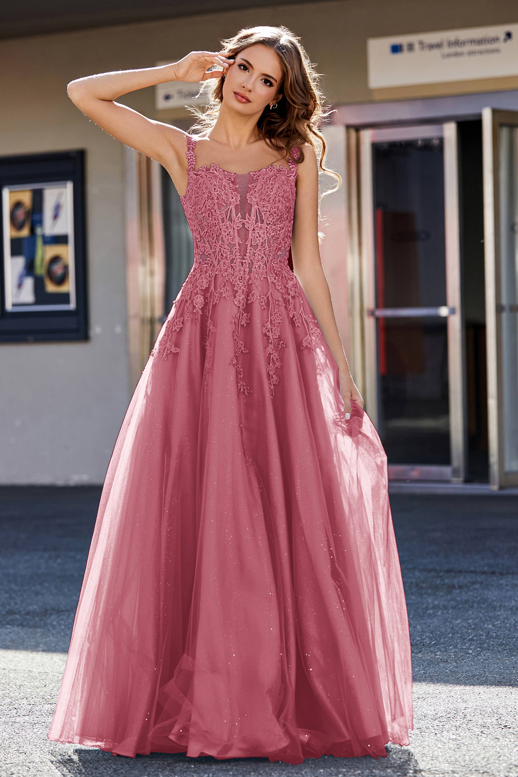 Lace Applique Corset Top Tulle Prom Party Gown Formal Evening Dresses
