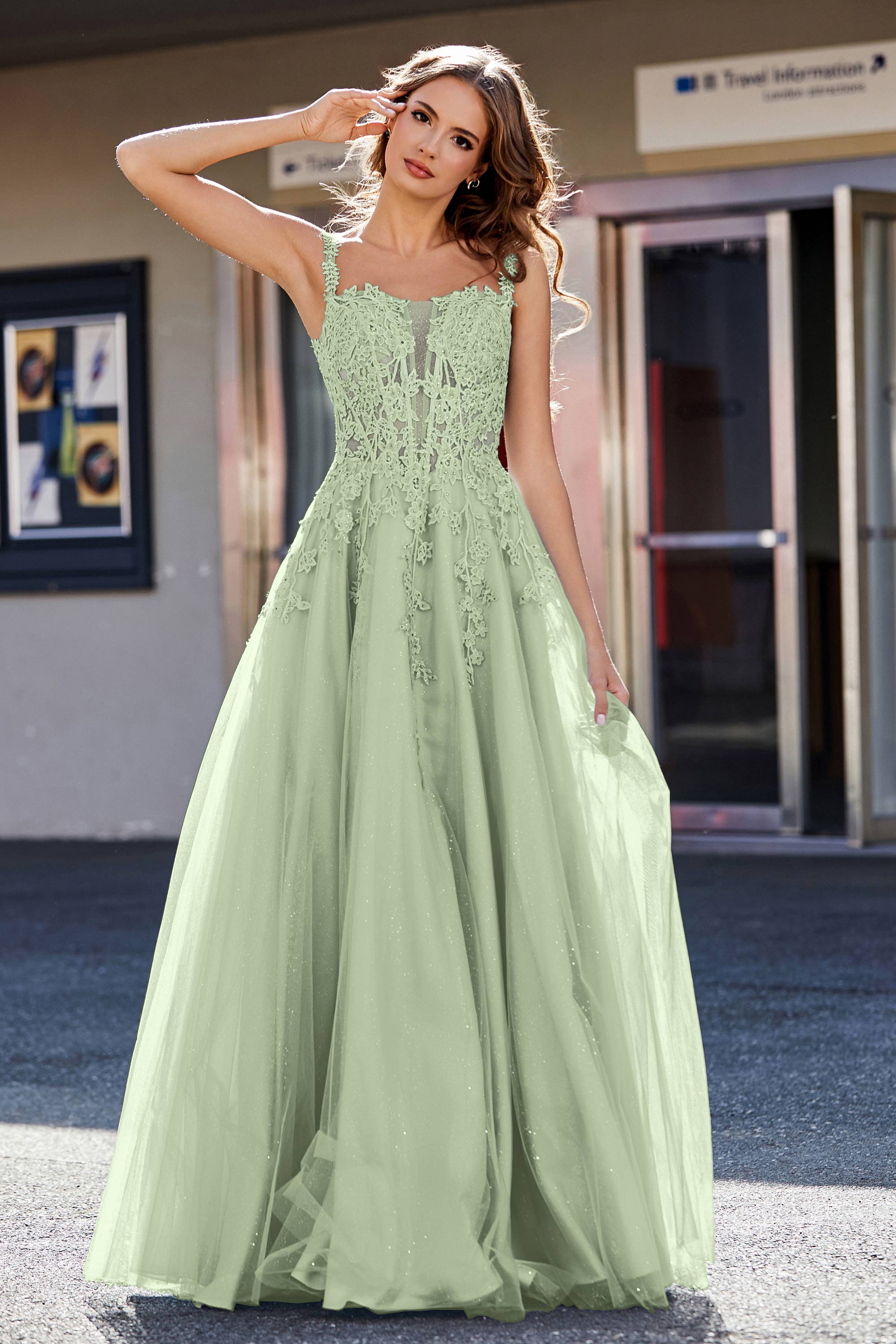 Lace Applique Corset Top Tulle Prom Party Gown Formal Evening Dresses