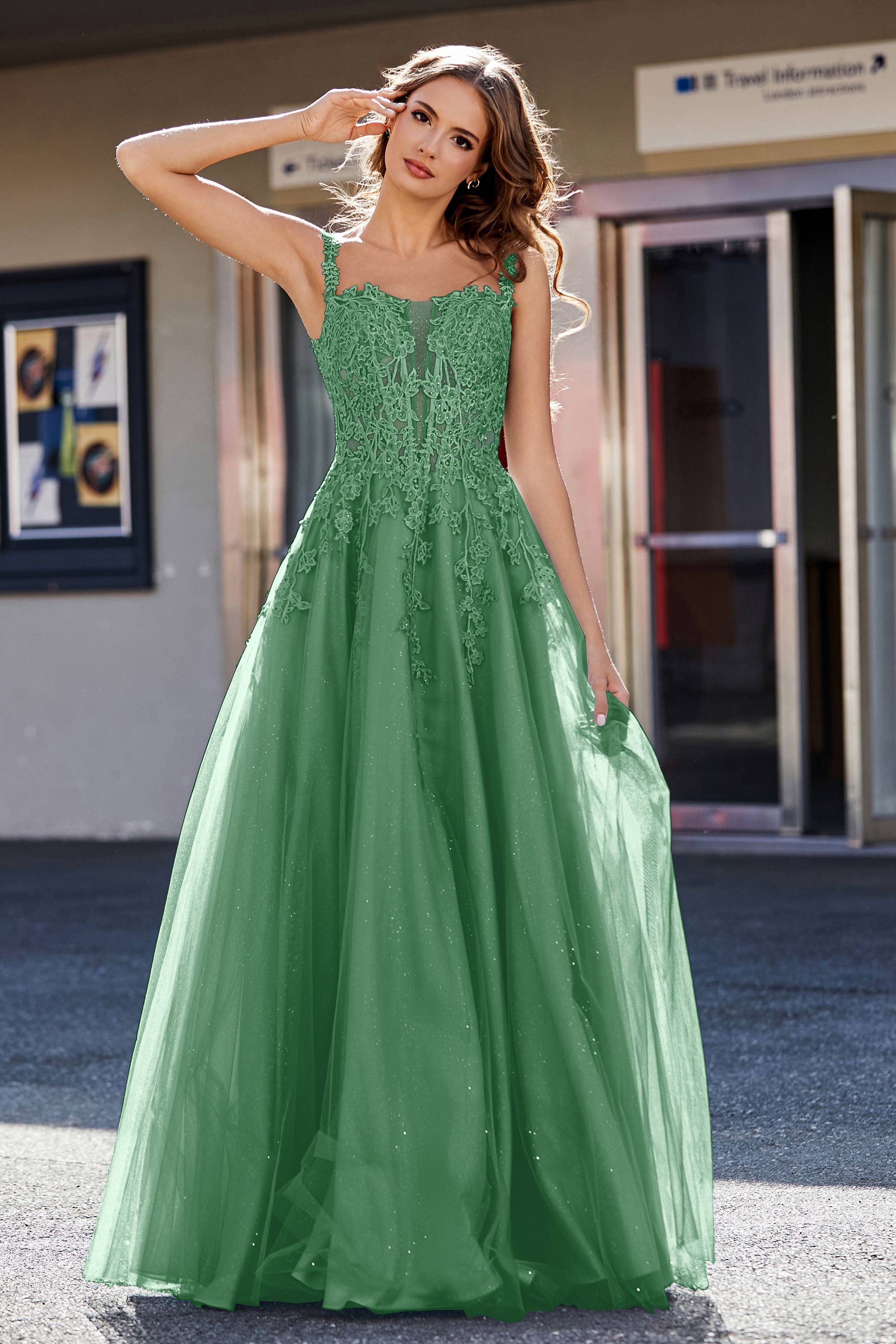 Lace Applique Corset Top Tulle Prom Party Gown Formal Evening Dresses