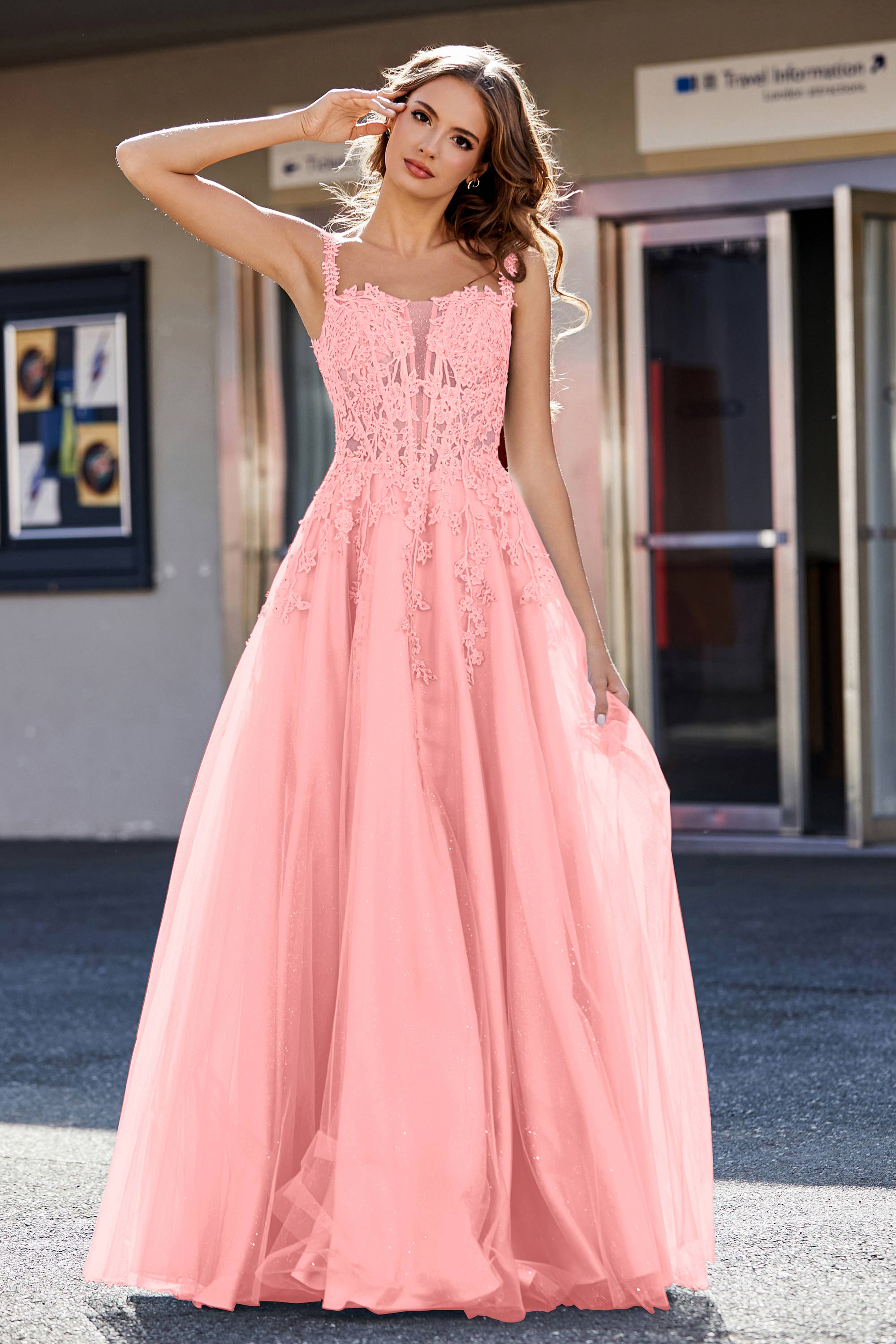 Lace Applique Corset Top Tulle Prom Party Gown Formal Evening Dresses