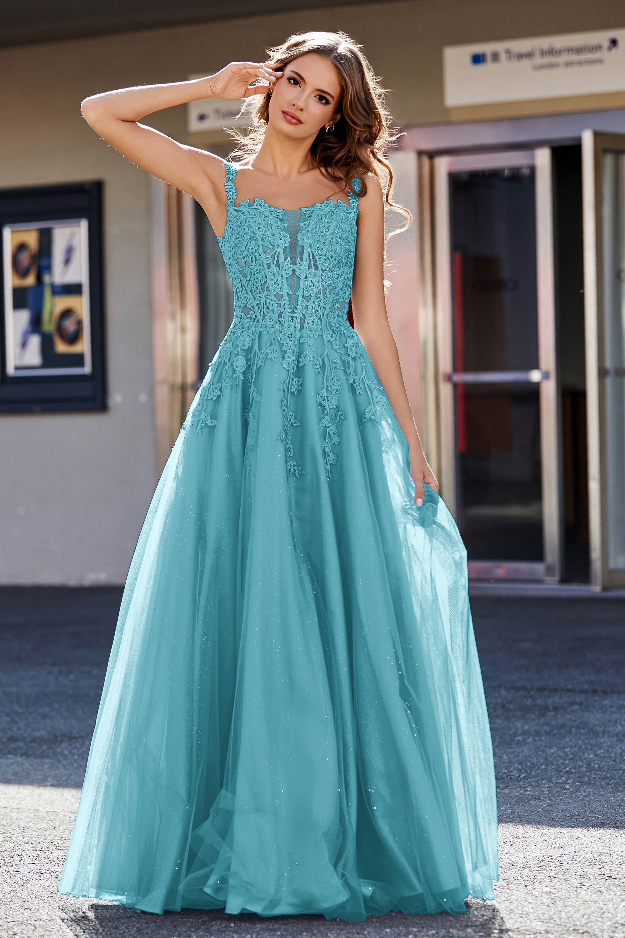Lace Applique Corset Top Tulle Prom Party Gown Formal Evening Dresses