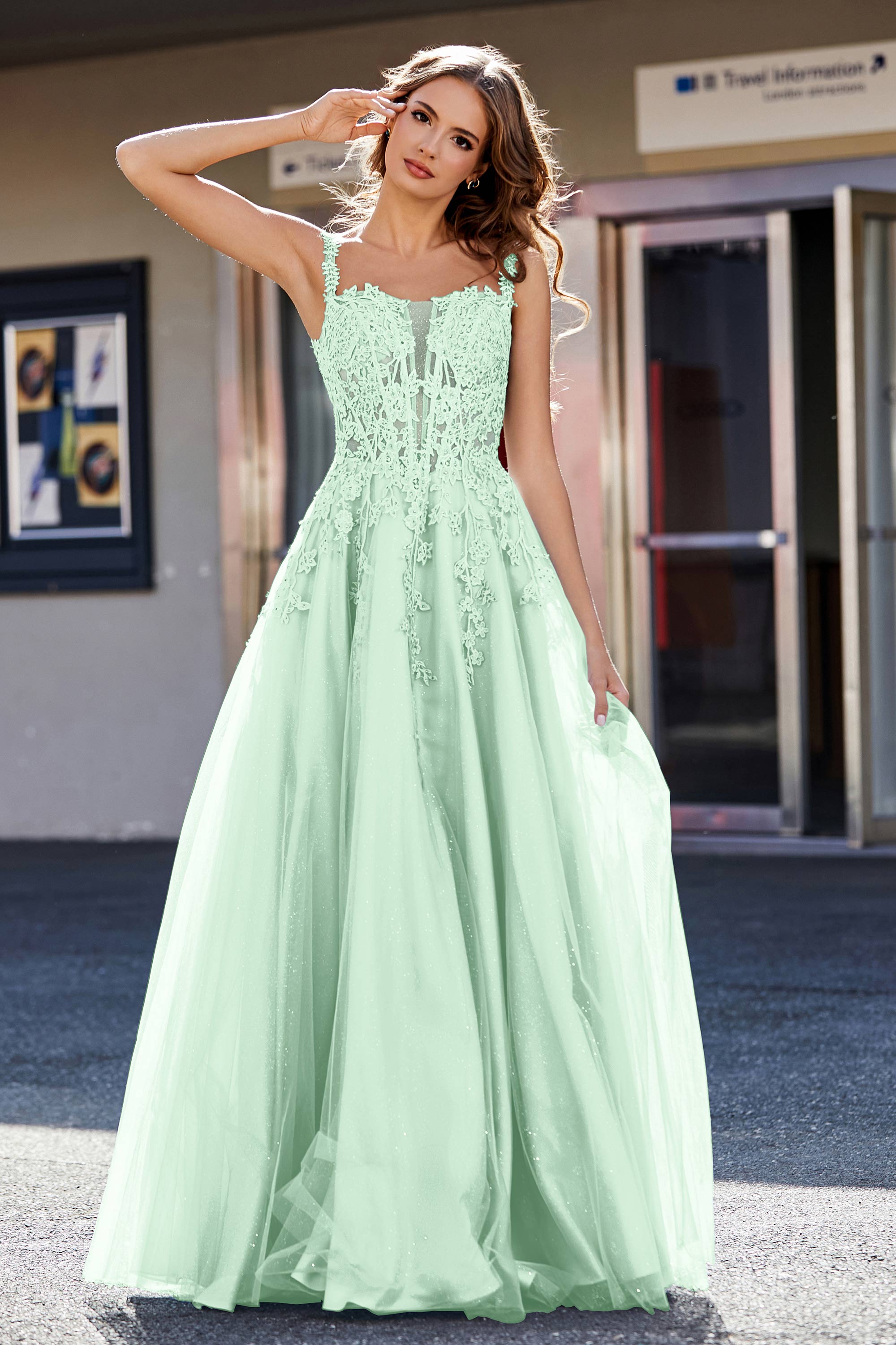 Lace Applique Corset Top Tulle Prom Party Gown Formal Evening Dresses