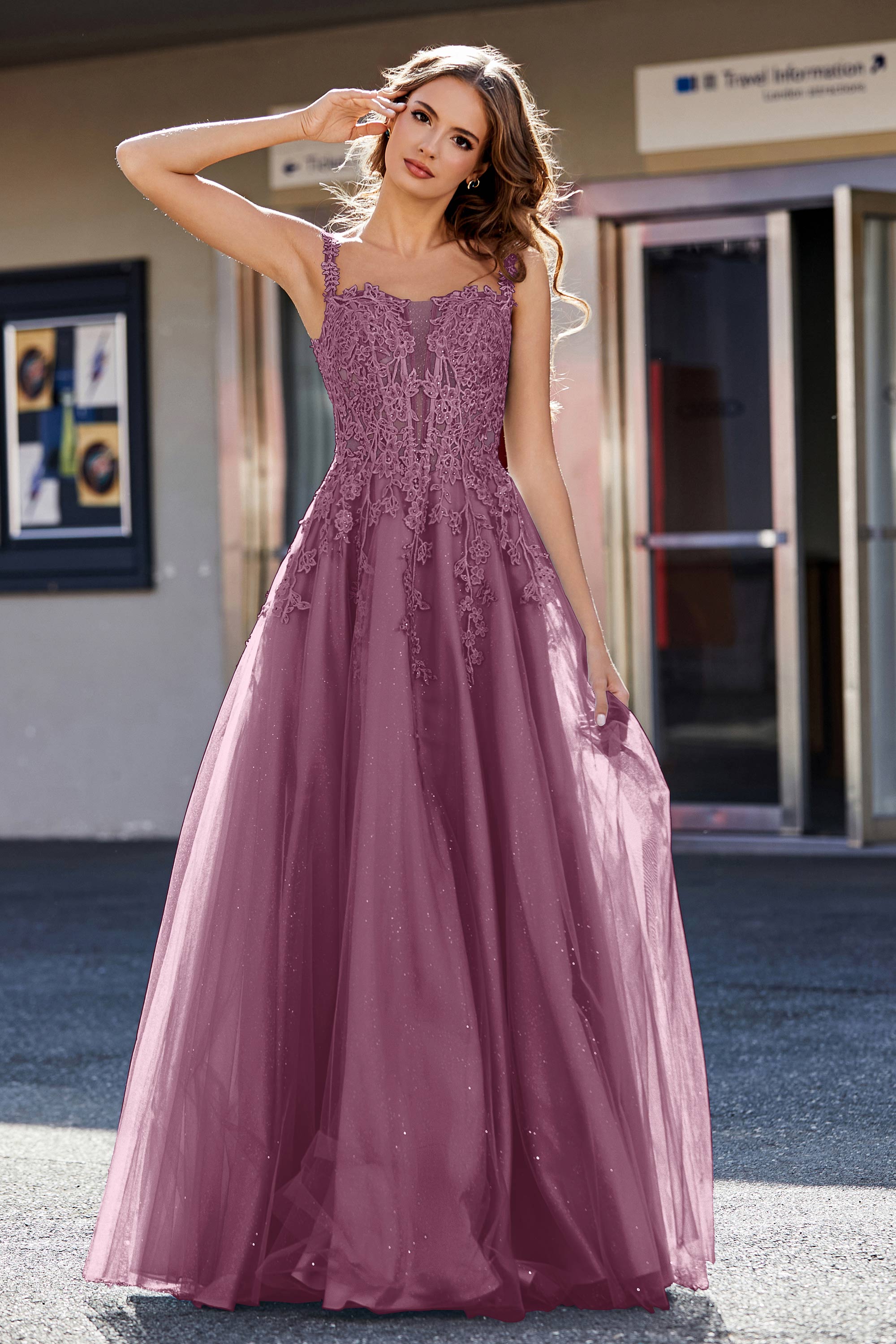 Lace Applique Corset Top Tulle Prom Party Gown Formal Evening Dresses