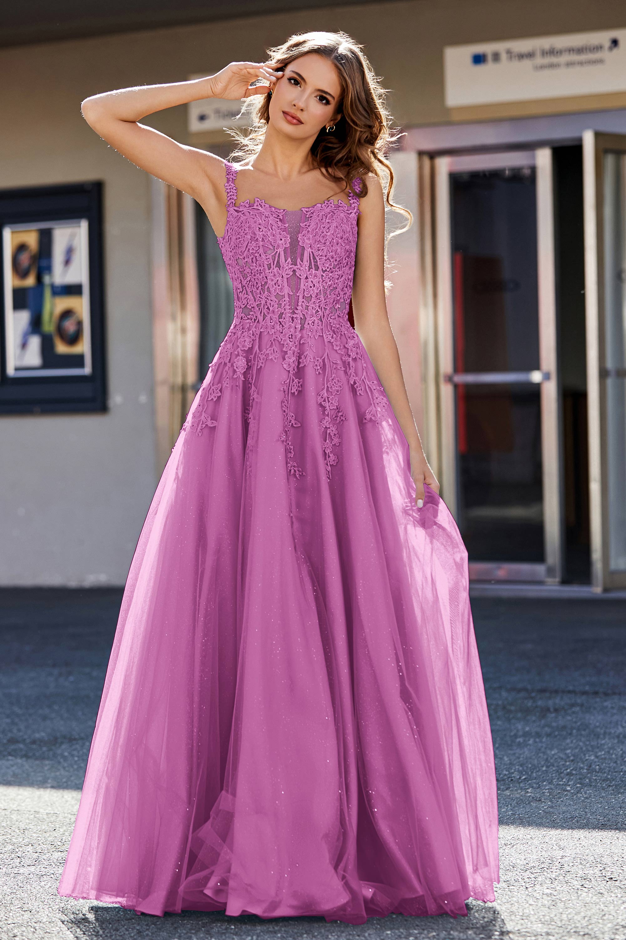 Lace Applique Corset Top Tulle Prom Party Gown Formal Evening Dresses
