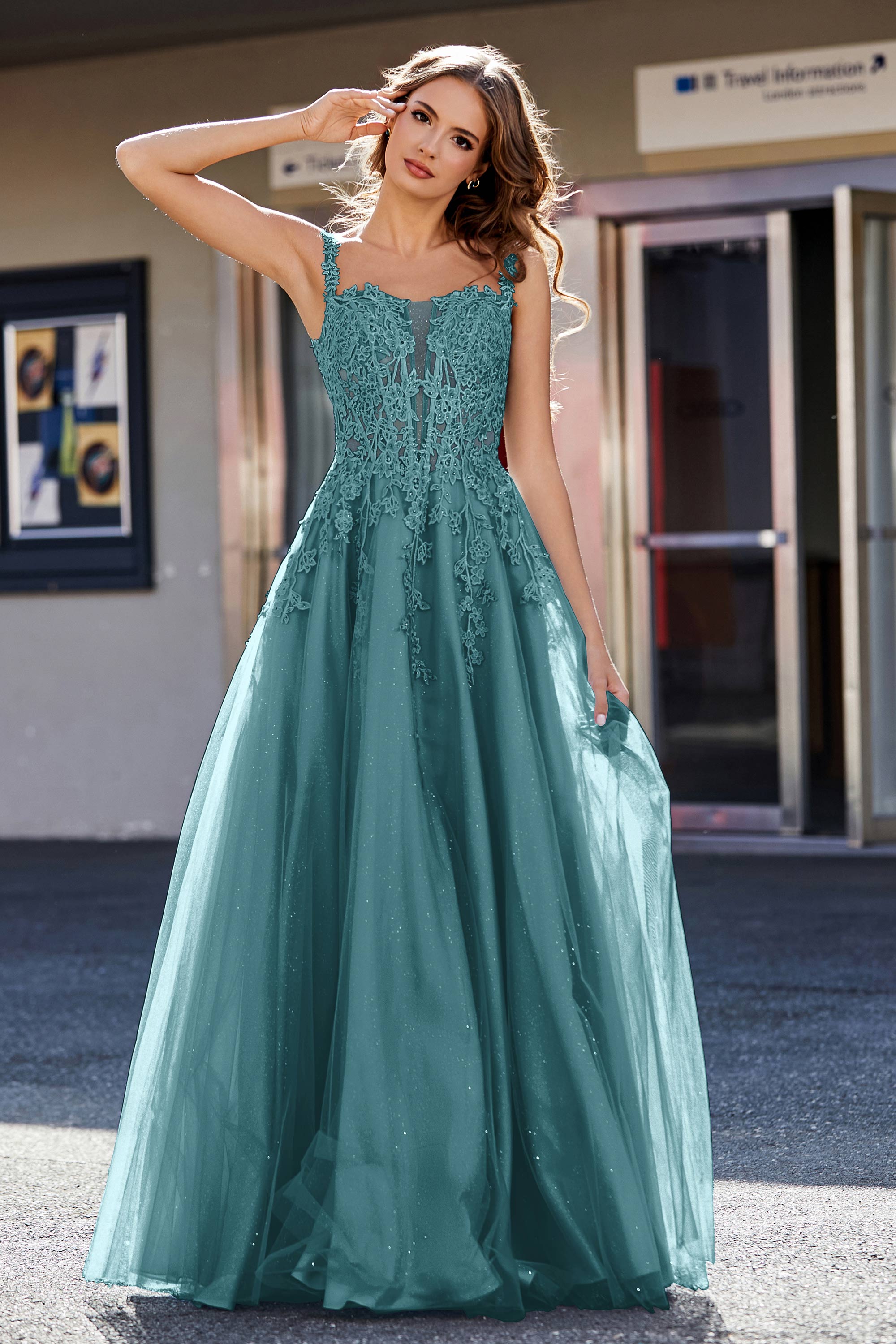 Lace Applique Corset Top Tulle Prom Party Gown Formal Evening Dresses