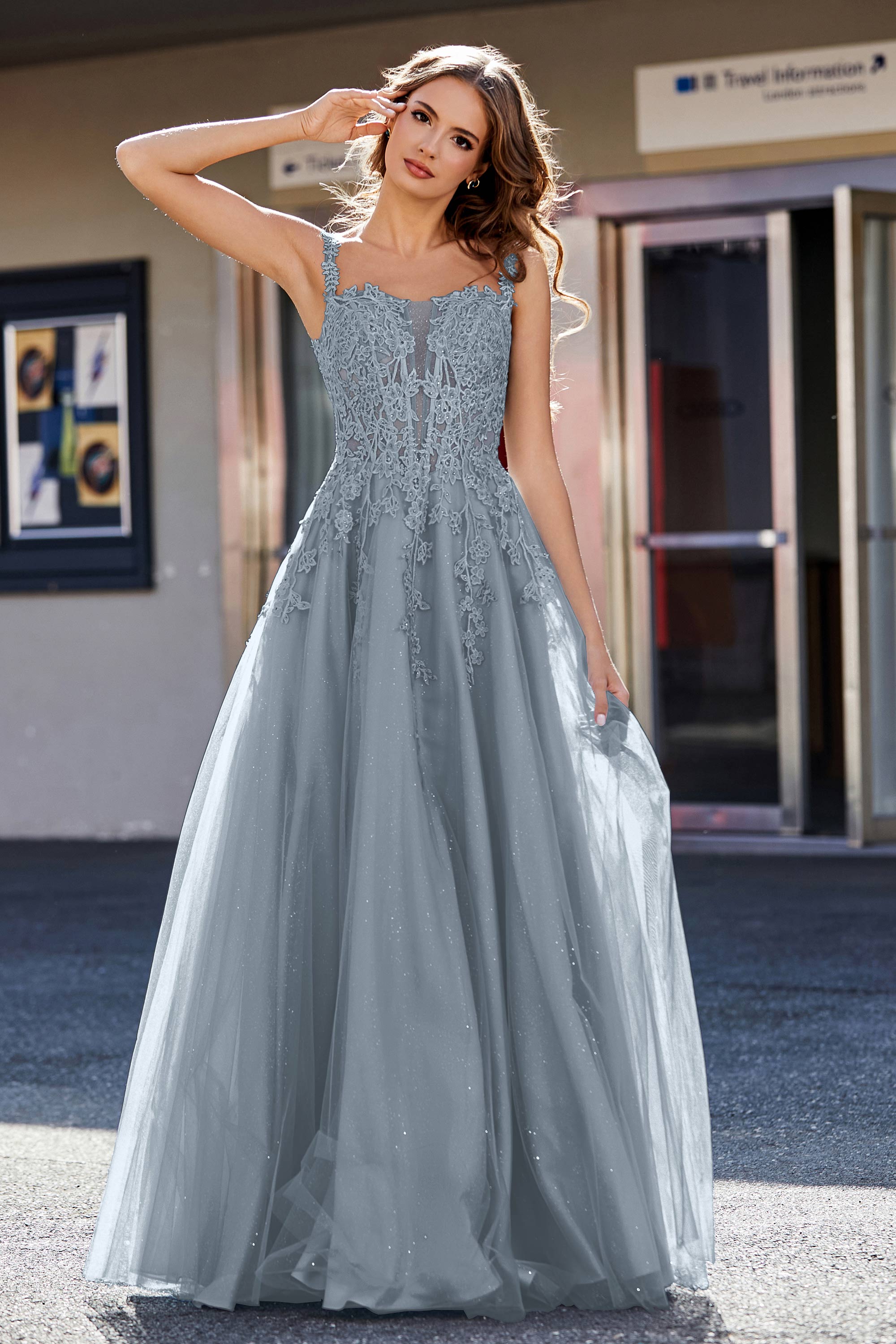Lace Applique Corset Top Tulle Prom Party Gown Formal Evening Dresses