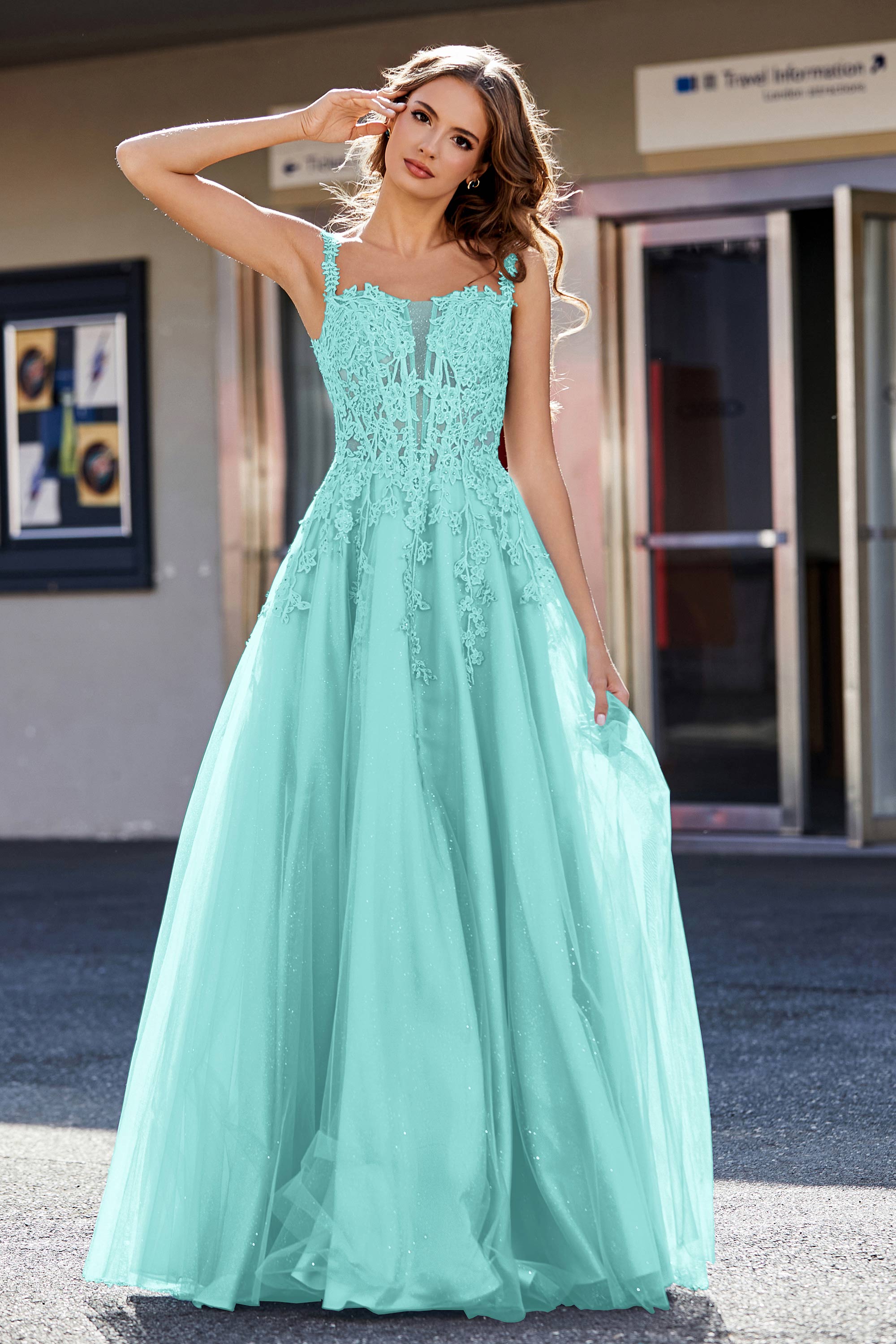 Lace Applique Corset Top Tulle Prom Party Gown Formal Evening Dresses