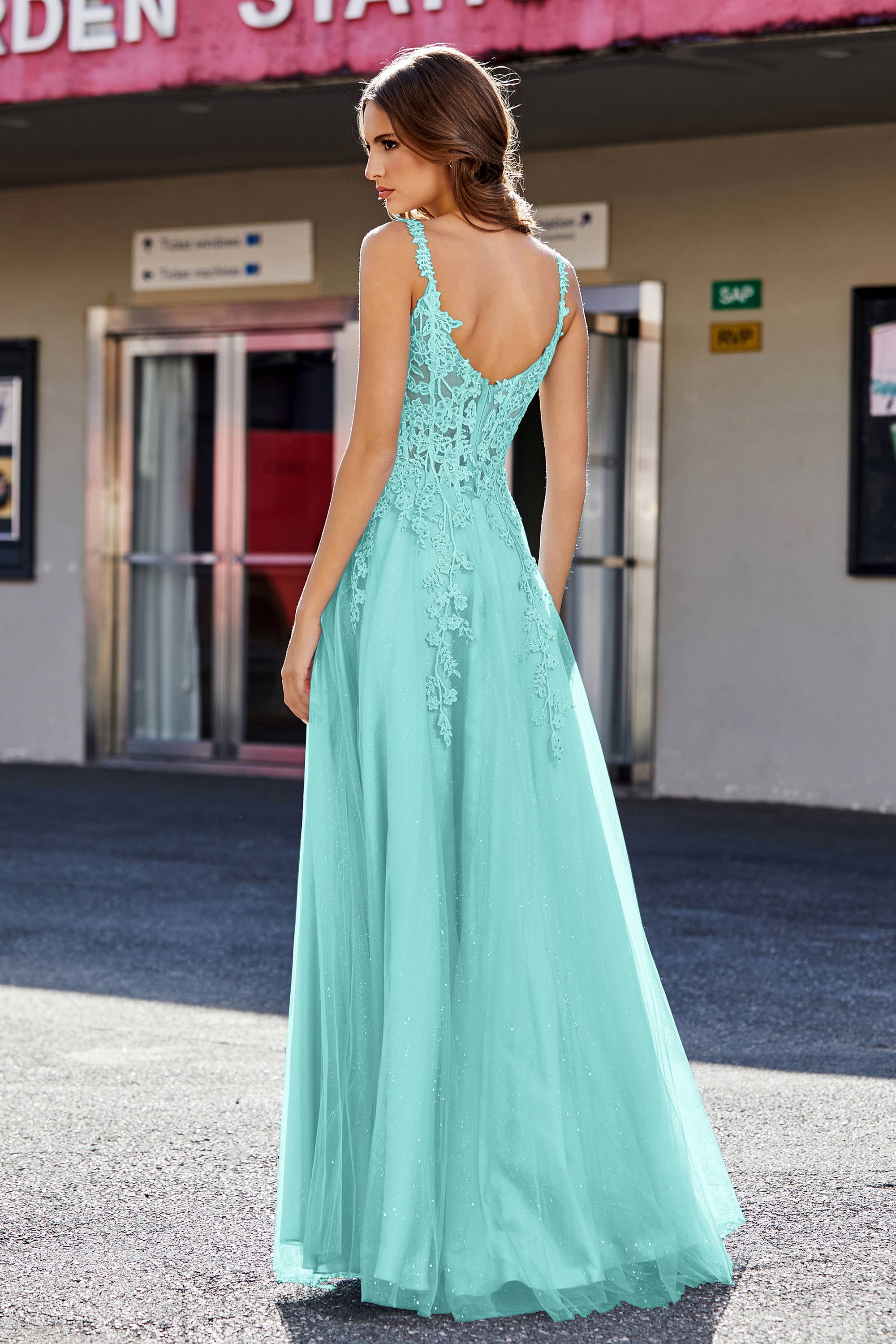 Lace Applique Corset Top Tulle Prom Party Gown Formal Evening Dresses