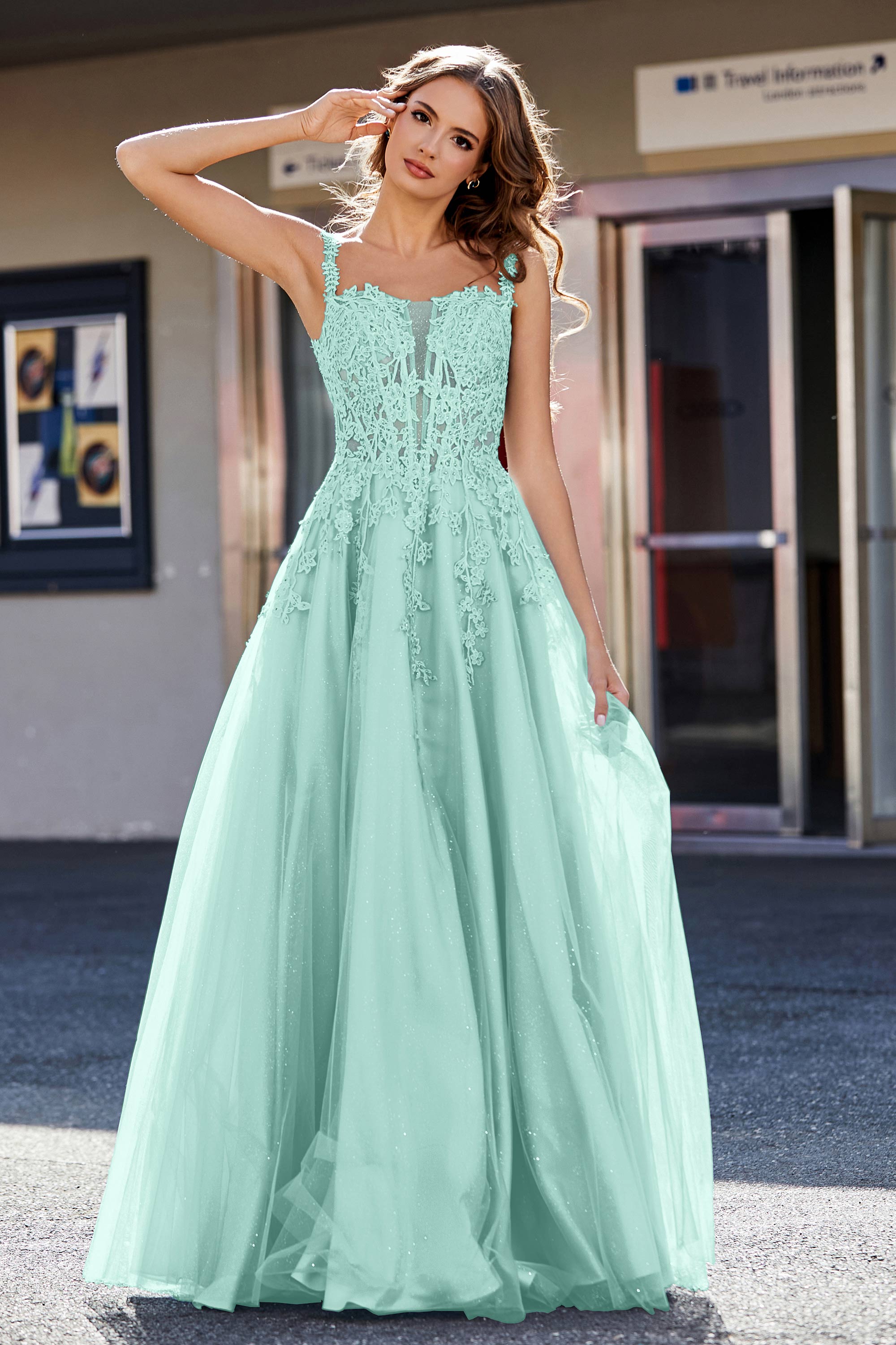 Lace Applique Corset Top Tulle Prom Party Gown Formal Evening Dresses