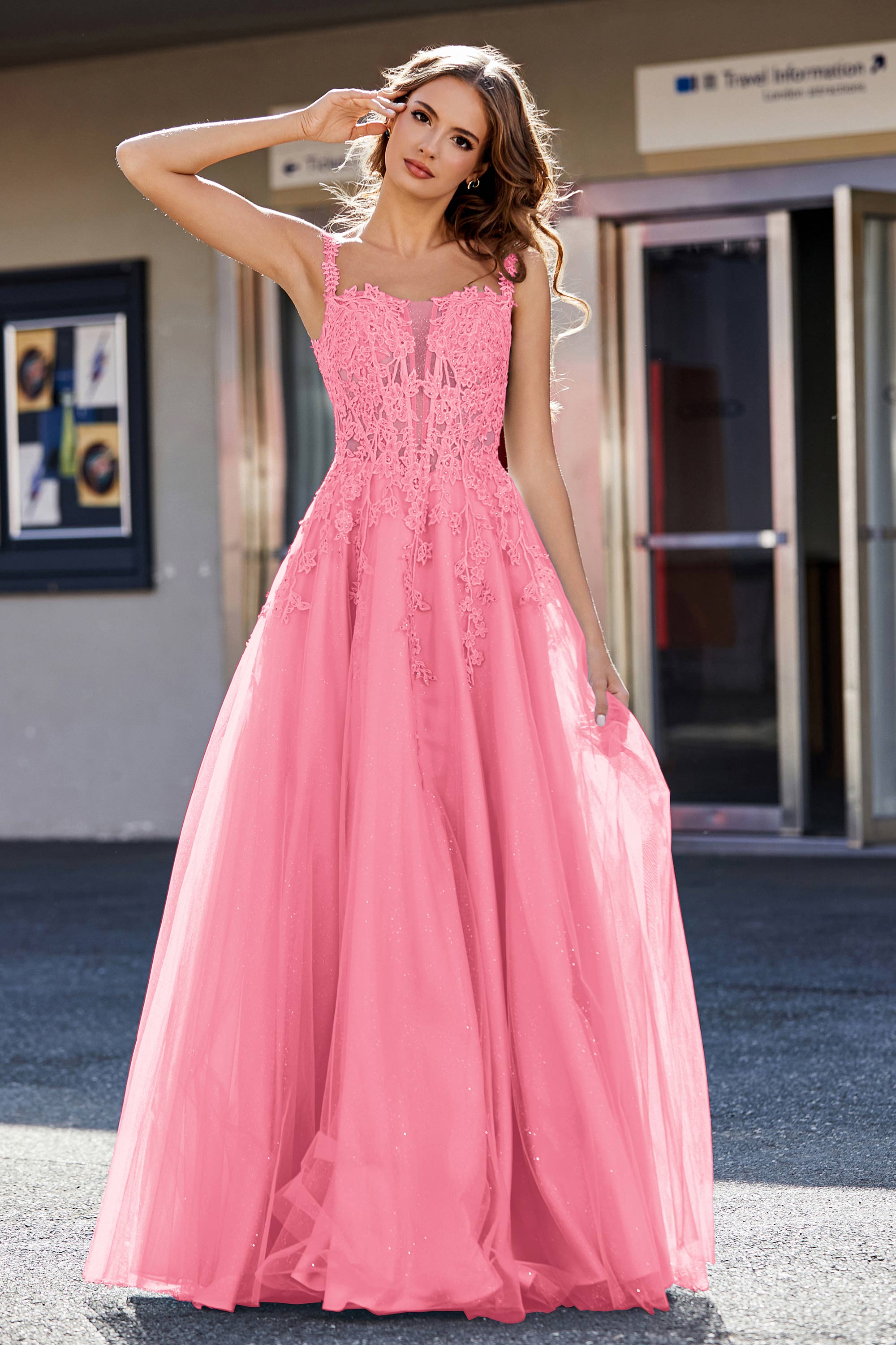 Lace Applique Corset Top Tulle Prom Party Gown Formal Evening Dresses