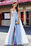 Lace Sequined Corset Bodice Long Tulle Prom Party Dress Formal Evening Ball Gowns with Slit