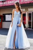 Lace Sequined Corset Bodice Long Tulle Prom Party Dress Formal Evening Ball Gowns with Slit