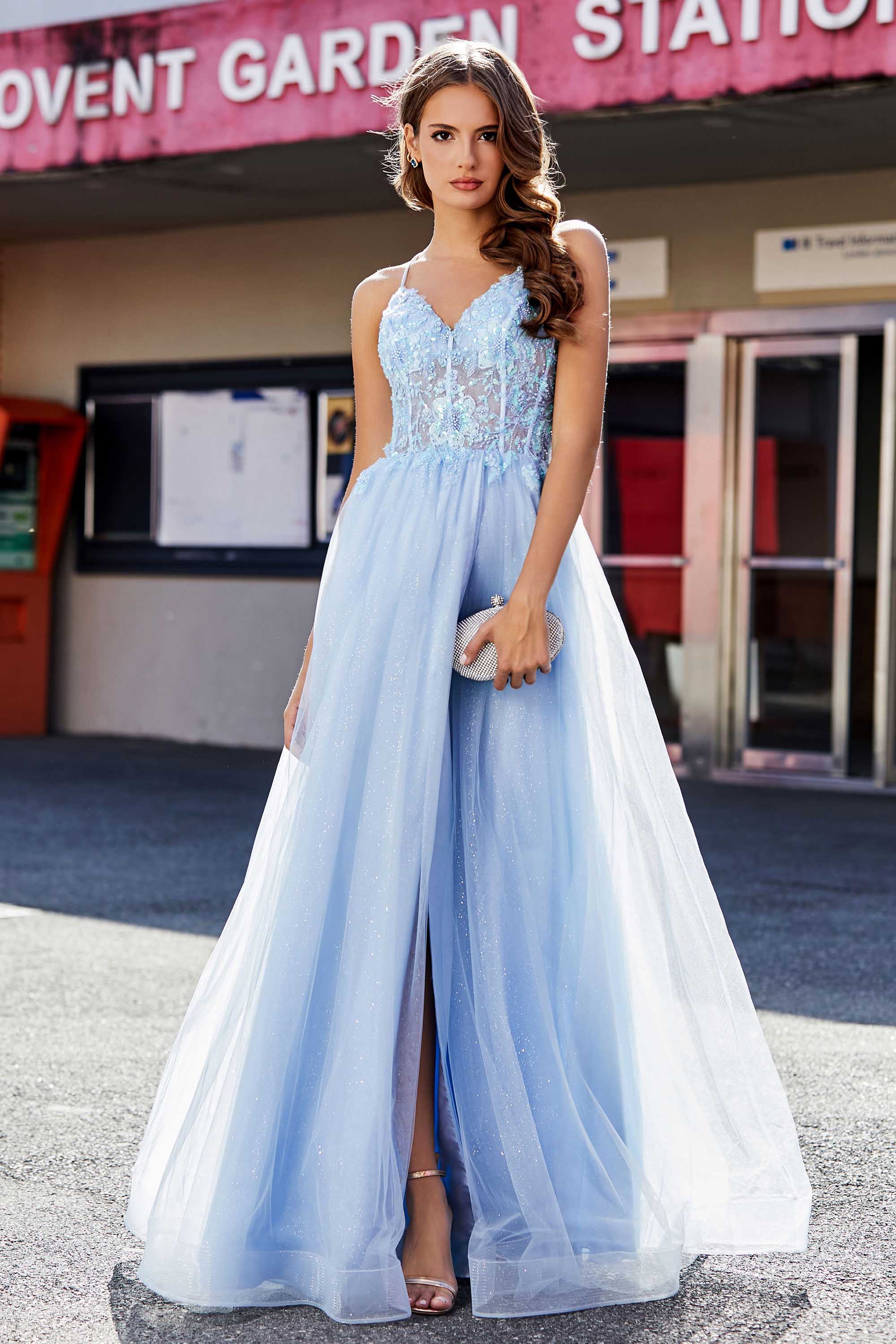 Lace Sequined Corset Bodice Long Tulle Prom Party Dress Formal Evening Ball Gowns with Slit