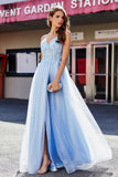 Lace Sequined Corset Bodice Long Tulle Prom Party Dress Formal Evening Ball Gowns with Slit