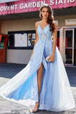 Lace Sequined Corset Bodice Long Tulle Prom Party Dress Formal Evening Ball Gowns with Slit