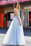 Lace Sequined Corset Bodice Long Tulle Prom Party Dress Formal Evening Ball Gowns with Slit