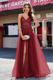 Lace Sequined Corset Bodice Long Tulle Prom Party Dress Formal Evening Ball Gowns with Slit
