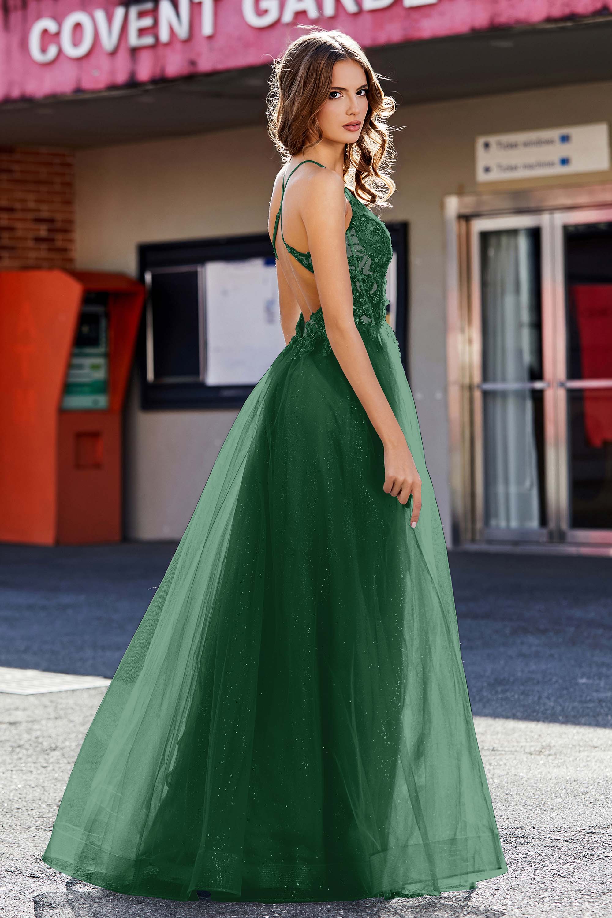 Lace Sequined Corset Bodice Long Tulle Prom Party Dress Formal Evening Ball Gowns with Slit