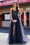 Lace Sequined Corset Bodice Long Tulle Prom Party Dress Formal Evening Ball Gowns with Slit