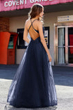 Lace Sequined Corset Bodice Long Tulle Prom Party Dress Formal Evening Ball Gowns with Slit