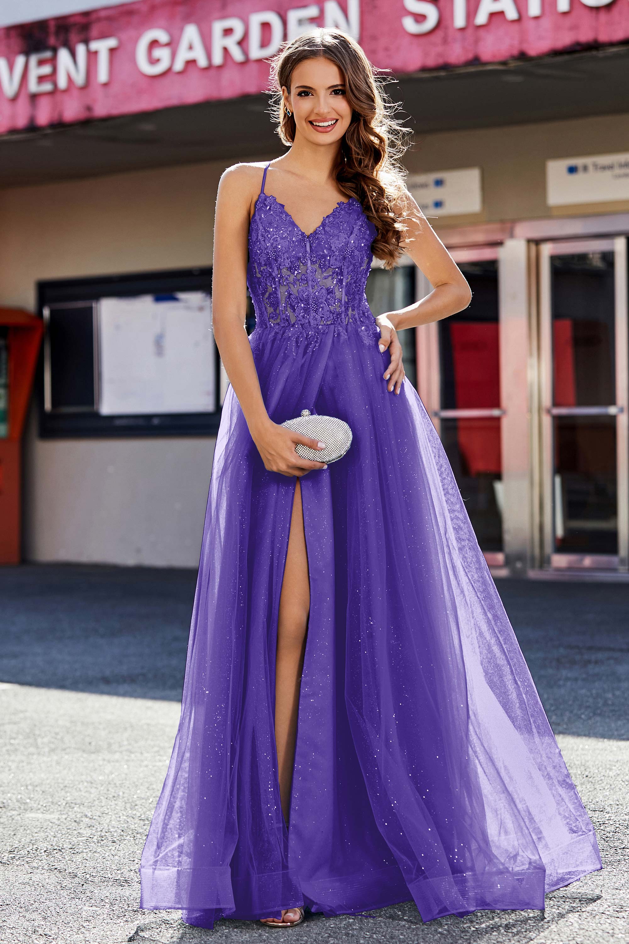 Lace Sequined Corset Bodice Long Tulle Prom Party Dress Formal Evening Ball Gowns with Slit