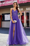 Lace Sequined Corset Bodice Long Tulle Prom Party Dress Formal Evening Ball Gowns with Slit