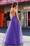 Lace Sequined Corset Bodice Long Tulle Prom Party Dress Formal Evening Ball Gowns with Slit
