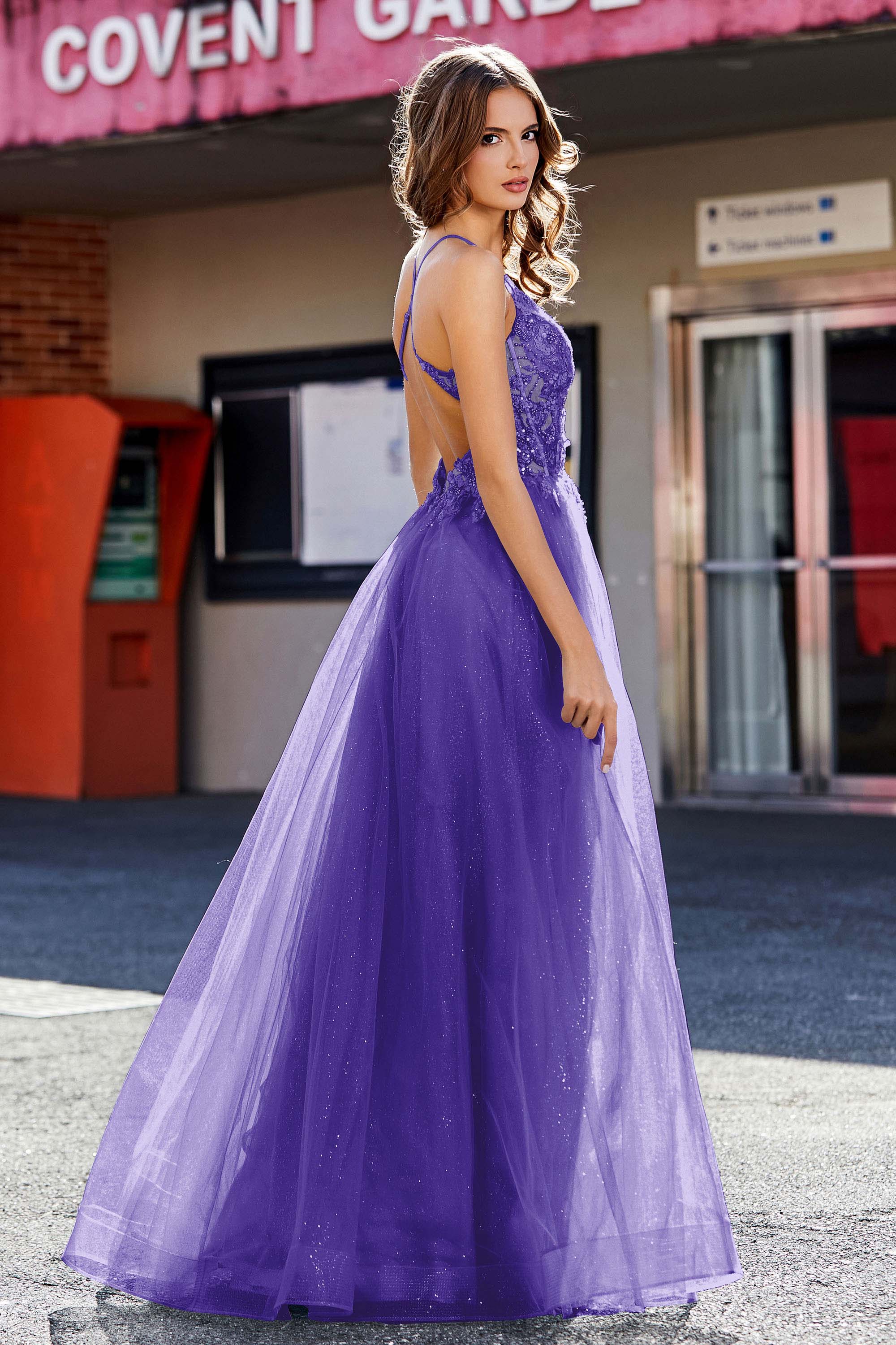 Lace Sequined Corset Bodice Long Tulle Prom Party Dress Formal Evening Ball Gowns with Slit