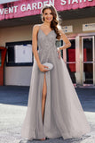 Lace Sequined Corset Bodice Long Tulle Prom Party Dress Formal Evening Ball Gowns with Slit