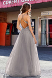 Lace Sequined Corset Bodice Long Tulle Prom Party Dress Formal Evening Ball Gowns with Slit