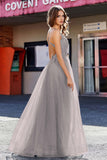 Lace Sequined Corset Bodice Long Tulle Prom Party Dress Formal Evening Ball Gowns with Slit