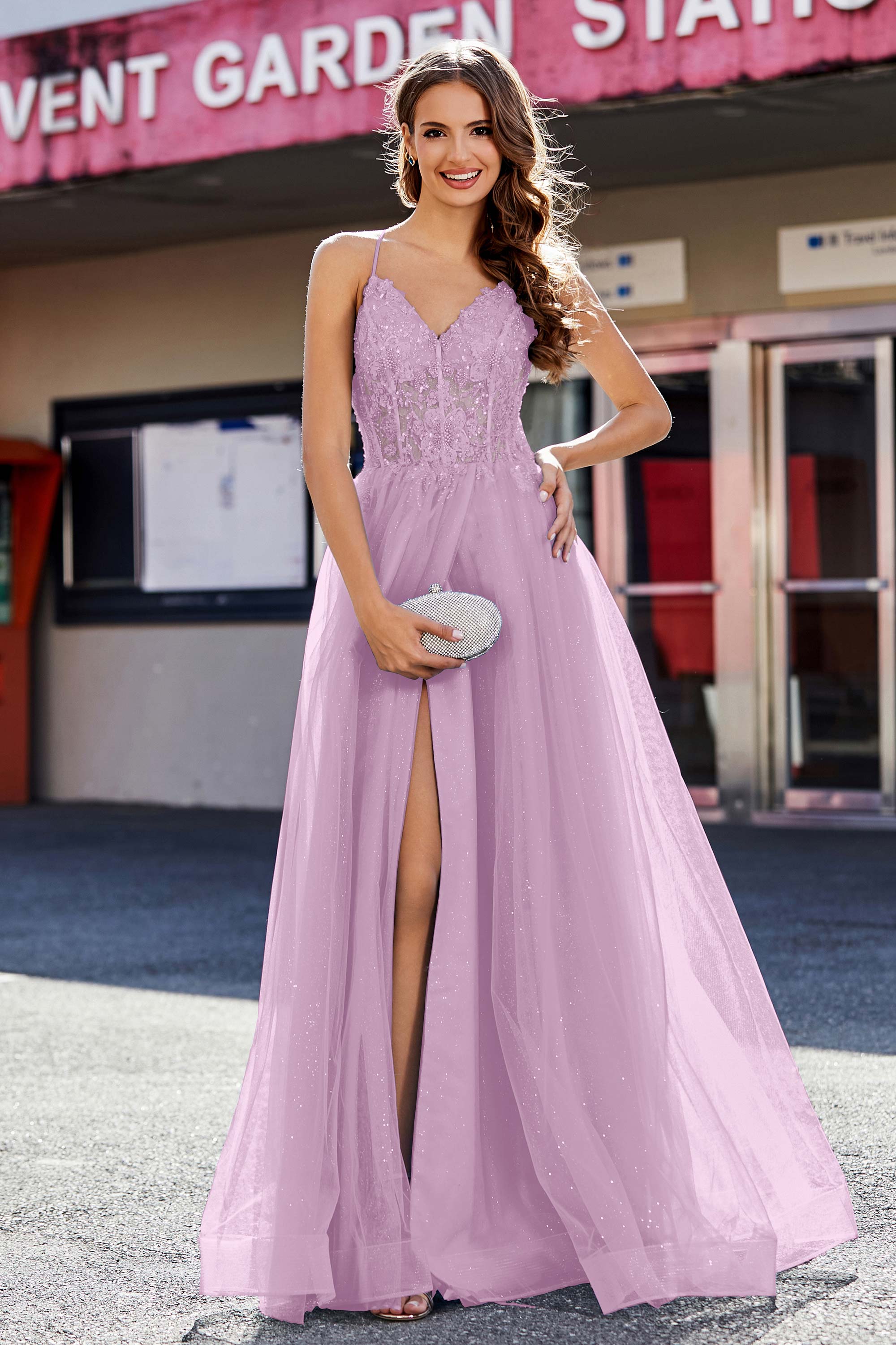 Lace Sequined Corset Bodice Long Tulle Prom Party Dress Formal Evening Ball Gowns with Slit