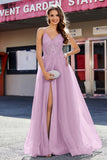 Lace Sequined Corset Bodice Long Tulle Prom Party Dress Formal Evening Ball Gowns with Slit
