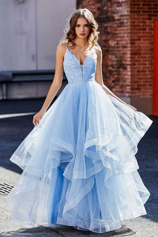 V Neck Ruched Ruffle Tulle Appliues Formal Evening Dress Prom Party Ball Gowns
