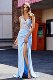 High Slit Corset Top Satin Mermaid Formal Evening Gown Prom Party Dresses