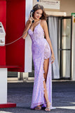 Corset Top Lace Up Back Sequin Formal Evening Gown Prom Party Dresses with Slit