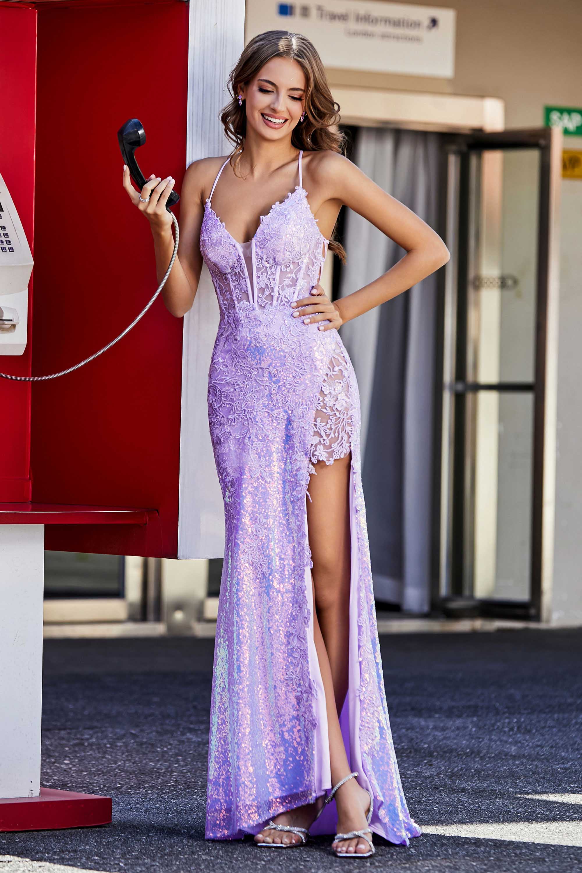 Corset Top Lace Up Back Sequin Formal Evening Gown Prom Party Dresses with Slit