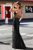 Corset Top Lace Up Back Sequin Formal Evening Gown Prom Party Dresses with Slit