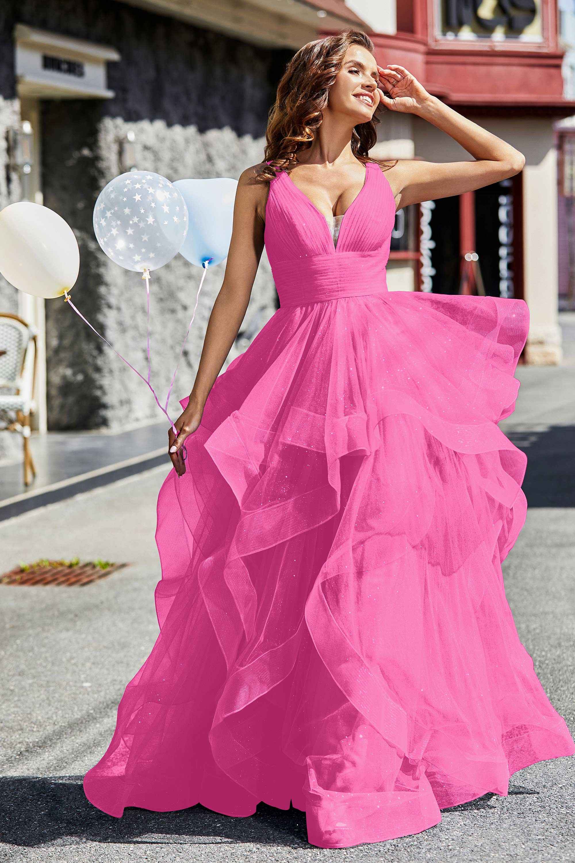 Sleeveless Ruched Skirt Tulle Ball Prom Party Gown Formal Evening Dresses