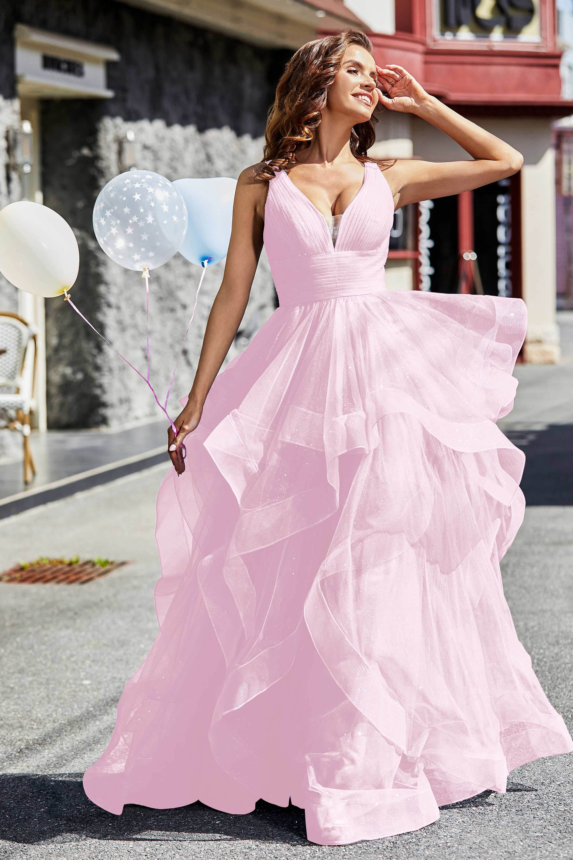 Sleeveless Ruched Skirt Tulle Ball Prom Party Gown Formal Evening Dresses