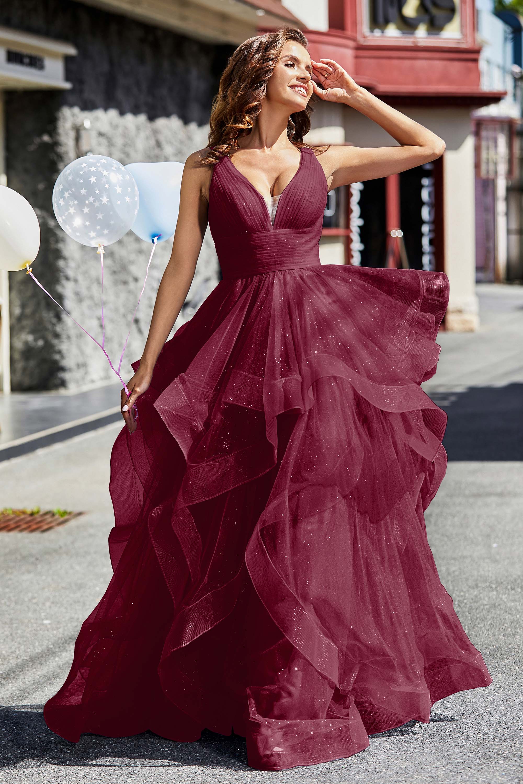 Sleeveless Ruched Skirt Tulle Ball Prom Party Gown Formal Evening Dresses