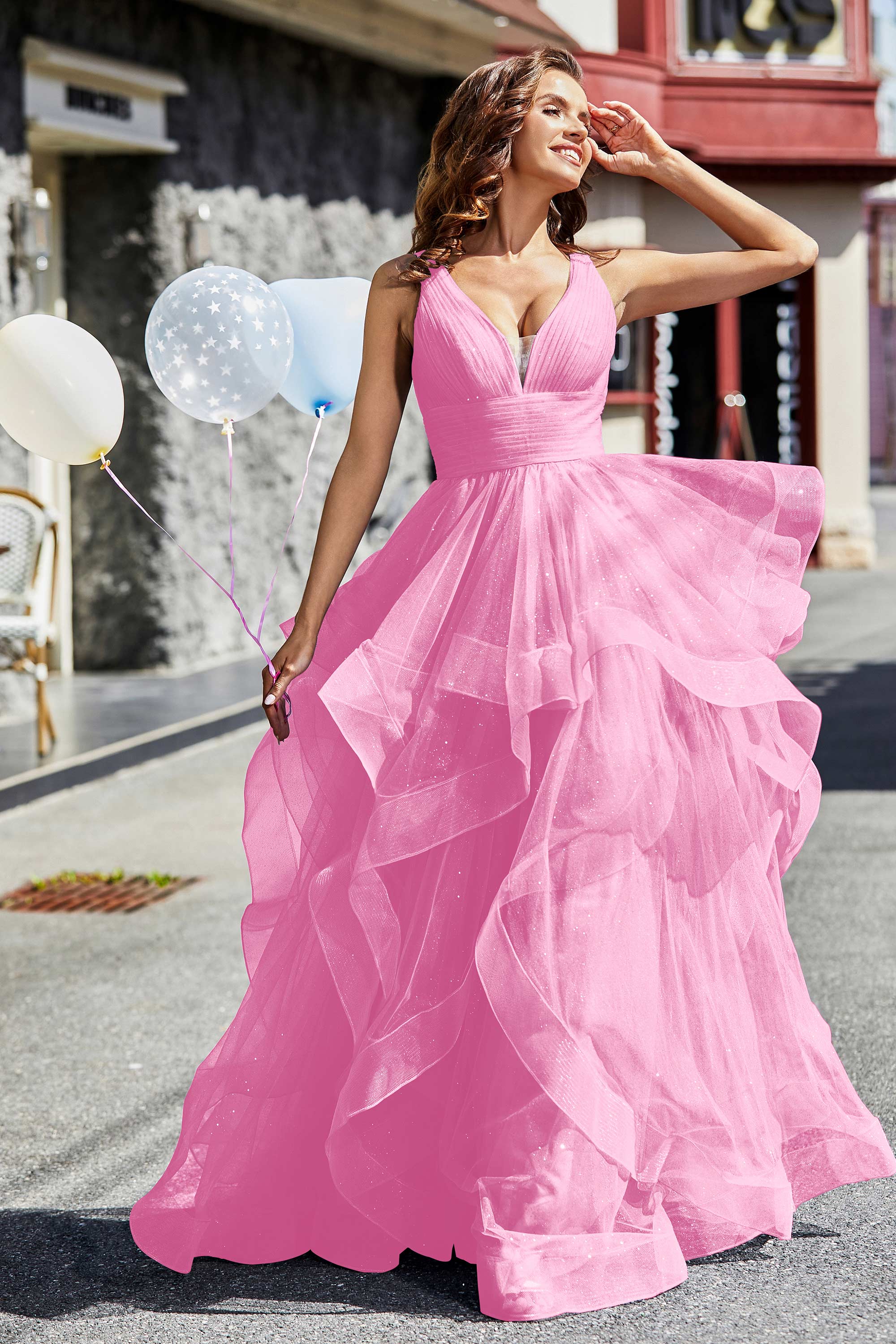 Sleeveless Ruched Skirt Tulle Ball Prom Party Gown Formal Evening Dresses