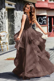 Sleeveless Ruched Skirt Tulle Ball Prom Party Gown Formal Evening Dresses