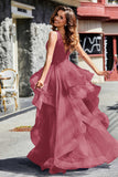 Sleeveless Ruched Skirt Tulle Ball Prom Party Gown Formal Evening Dresses