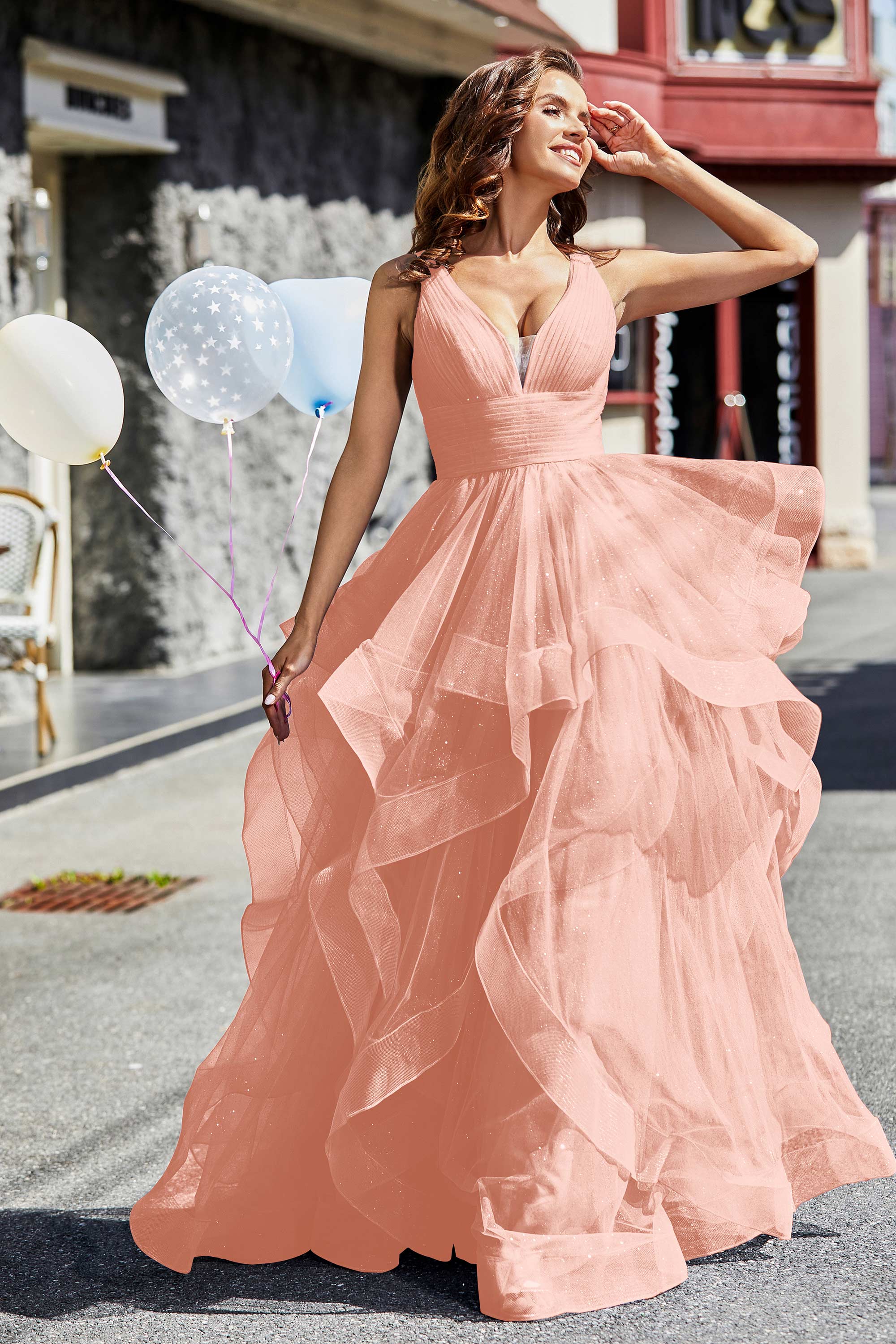 Sleeveless Ruched Skirt Tulle Ball Prom Party Gown Formal Evening Dresses