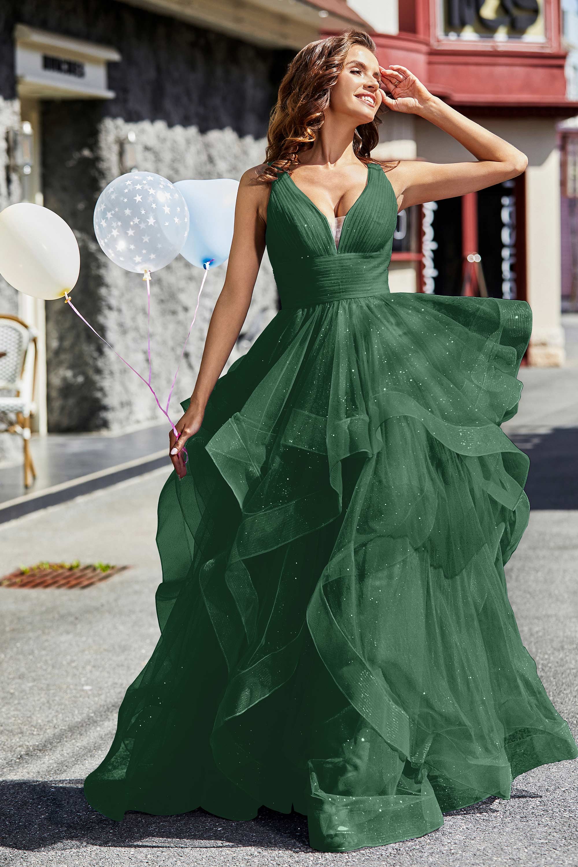 Sleeveless Ruched Skirt Tulle Ball Prom Party Gown Formal Evening Dresses