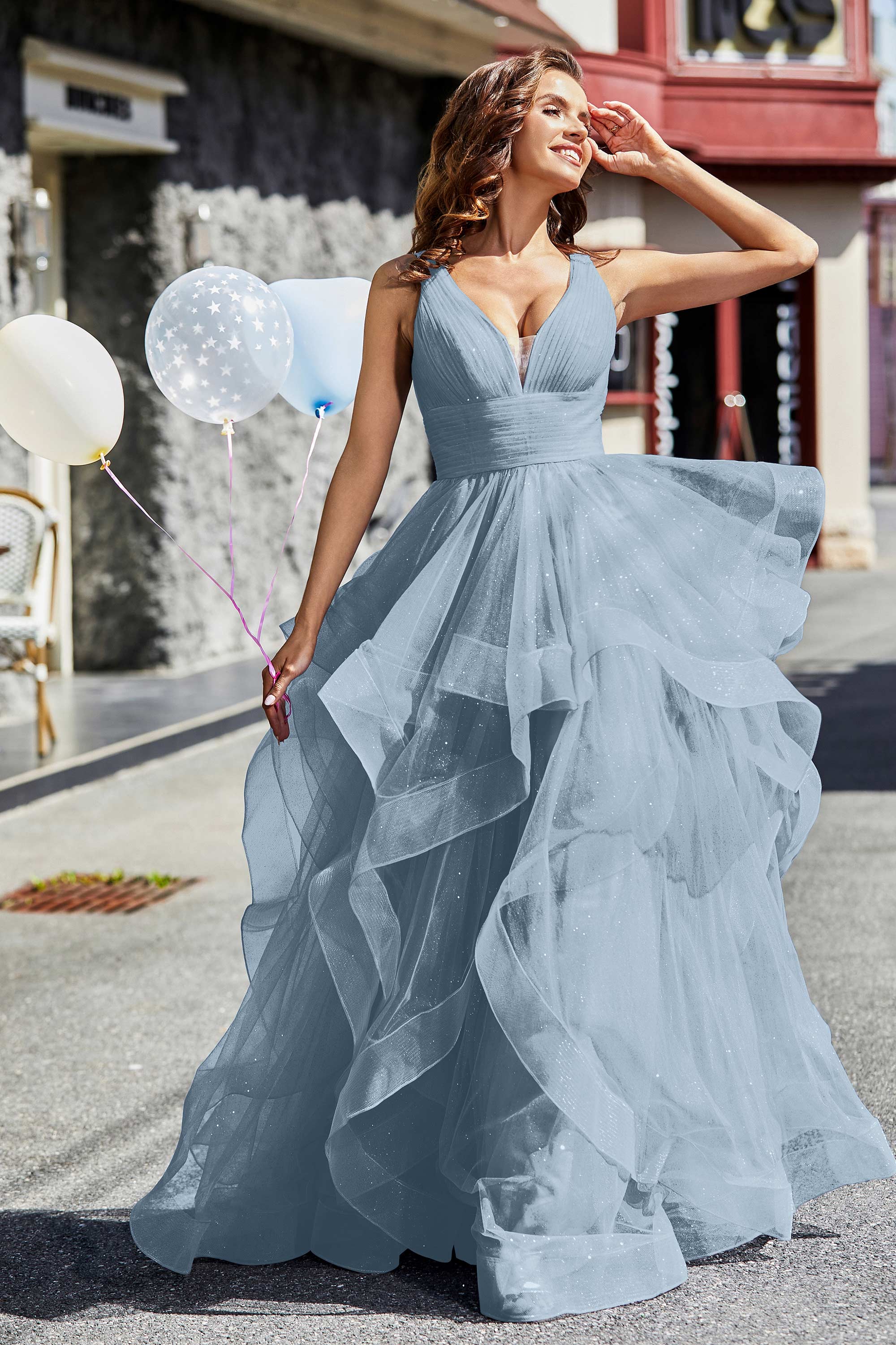 Sleeveless Ruched Skirt Tulle Ball Prom Party Gown Formal Evening Dresses