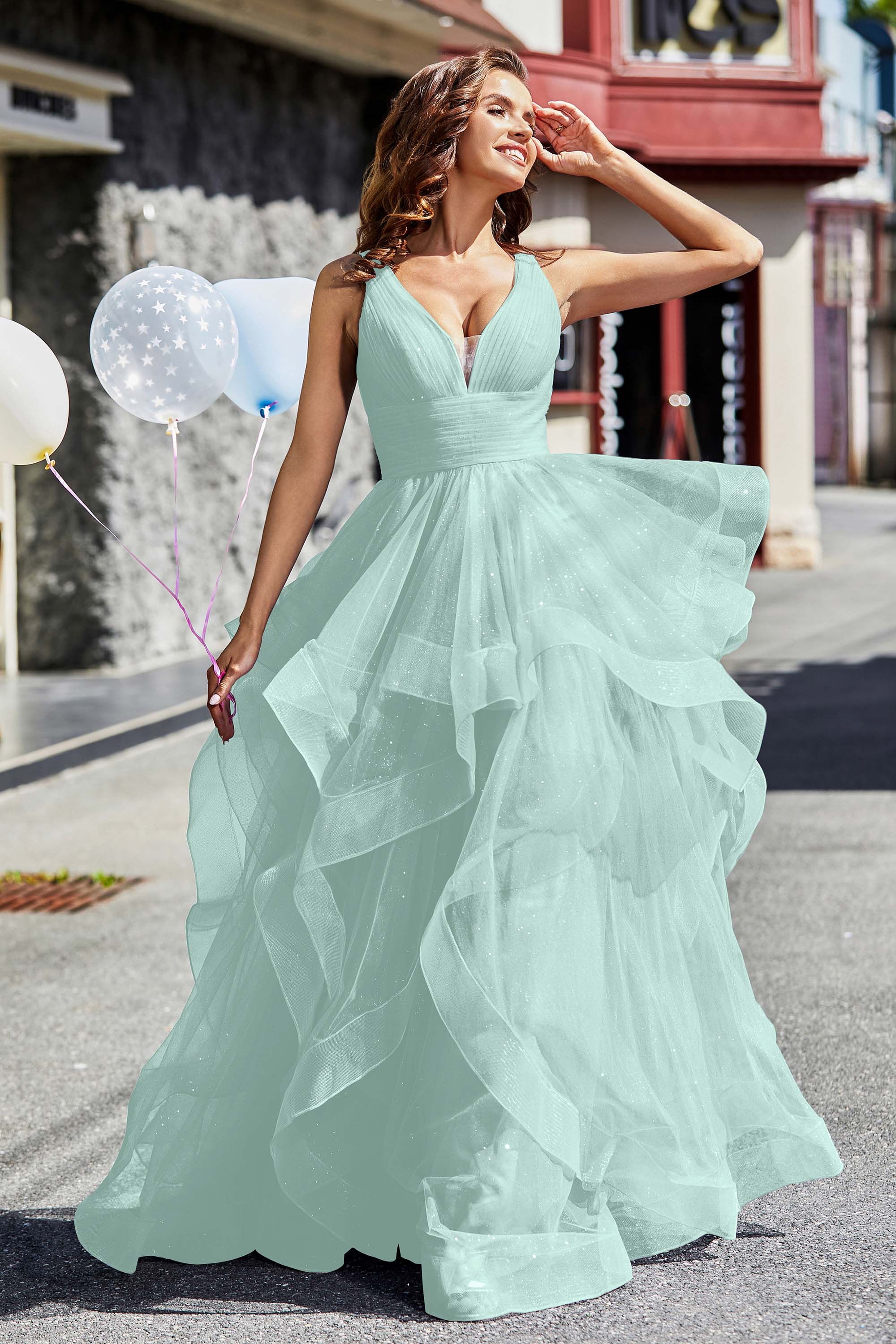 Sleeveless Ruched Skirt Tulle Ball Prom Party Gown Formal Evening Dresses